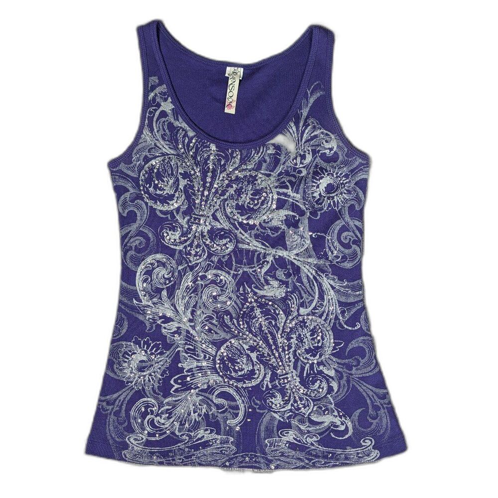 Y2K Purple Rhinestone Embellished Tank Fleur-De-Lis Scrollwork Mcbling M